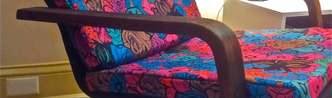 Upcycled-and-refurbished-retro-vintage-chair-in-designer-upholstery-fabric-with-handmade-lampshade-by-the-Lost-and-Found-Office-in-Canberra